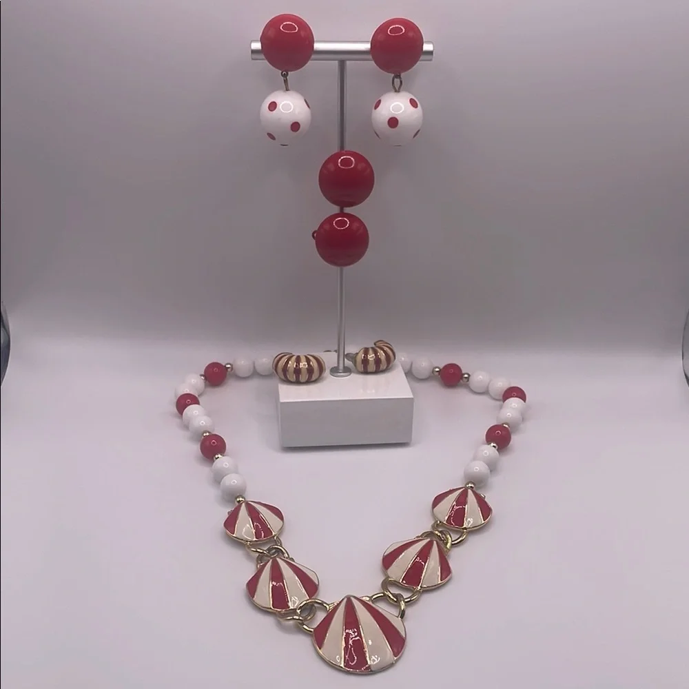 Red and White Necklace and Earring Set - Picture 1 of 8